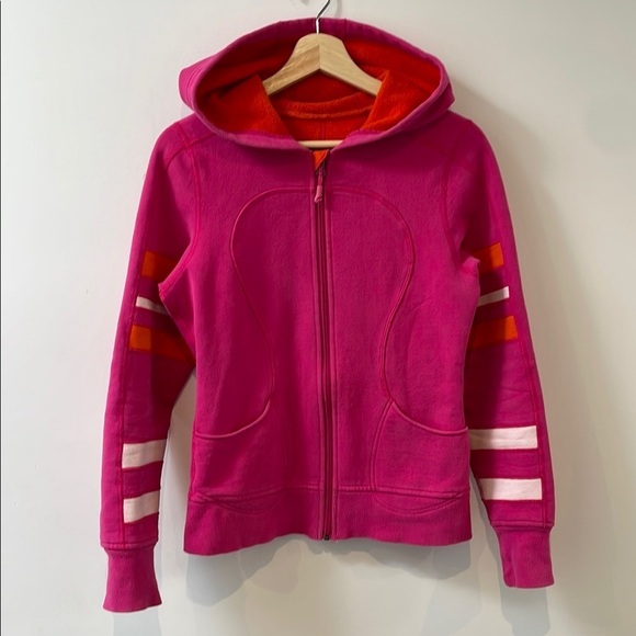Lululemon Womens scuba hoodie US6 Pink Orange Stripes Zip Up Jacket vintage - Picture 1 of 12